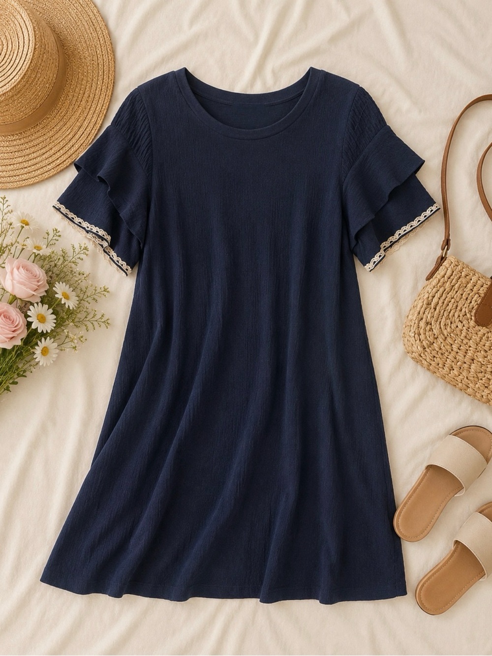 Bluheaven Muslin Navy Ruffle Sleeve A-Line Dress